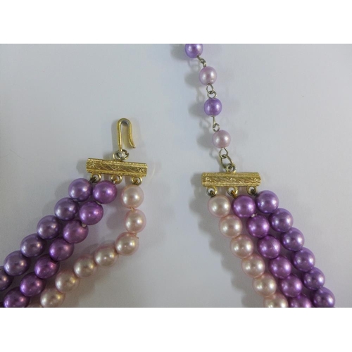 4 - Triple strand faux pearl necklace and matching clip on earrings