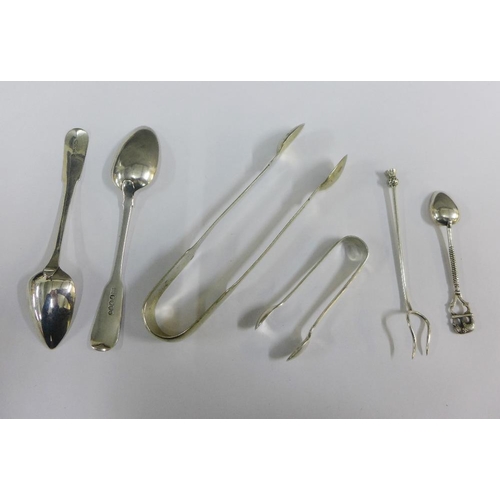 42 - Mixed lot to include a pair of Georgian silver sugar tongs, Scottish Georgian silver teaspoon and a ... 