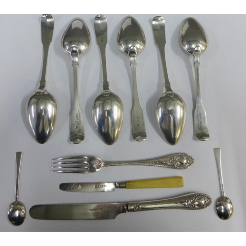 48 - Set of six 19th century silver spoons, fiddle pattern with engraved motto 'Sicker' and fist and hear... 