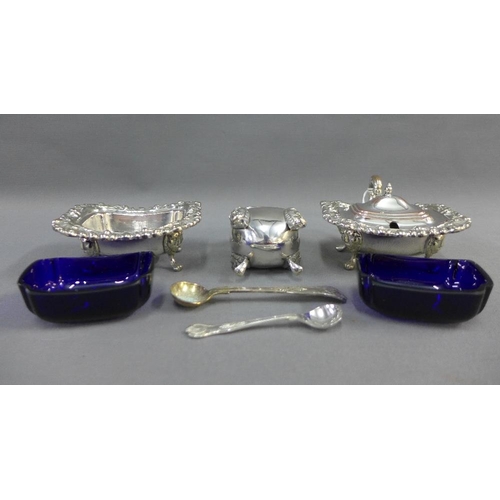 49 - Silver plate on copper three piece condiment set of generous proportions, comprising salt, mustard a... 
