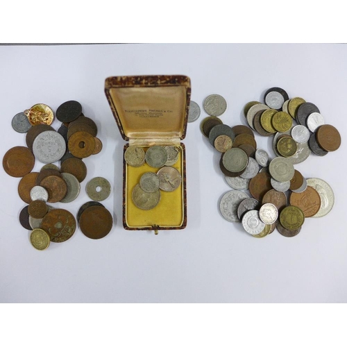 50 - Vintage black, red and gilt cash box containing a quantity of pre decimal coins and commemorative co... 