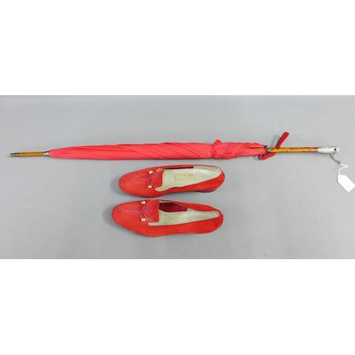 51 - Late 19th century red umbrella with London silver mounts, circa 1895, together with a pair of lady's... 