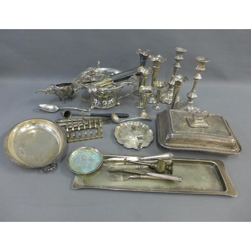 57 - A carton containing a quantity of Epns wares to include a pedestal bowl, candle snuffer, spoons and ... 