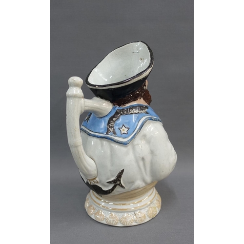 74 - 19th century Wemyss style Jolly Sailor moulded jug, with shell border, unmarked, 28cm high (a/f)