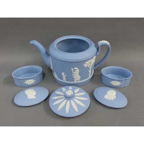 90 - Collection of pale blue Wedgwood jasper ware to include a teapot, trinket dishes and two boxes, (6)