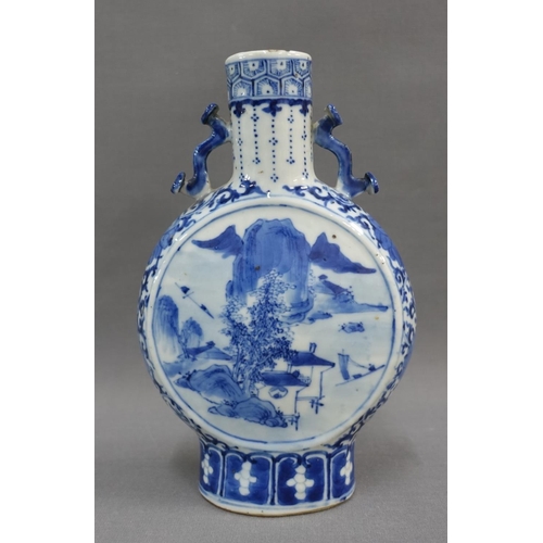 94 - Chinese blue and white pilgrim / moon flask, with landscape panels and floral ground, has four chara... 