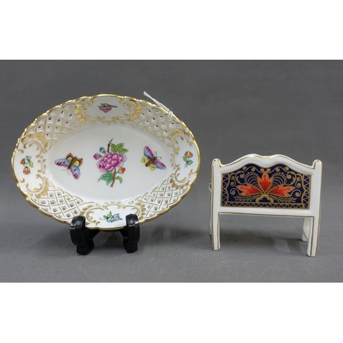 96 - Royal Crown Derby Imari porcelain garden bench and a Herend handpainted porcelain dish, largest 14cm... 