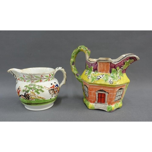 99 - Staffordshire 19th century moulded jugs to include a cottage and another with hunting scene, tallest... 