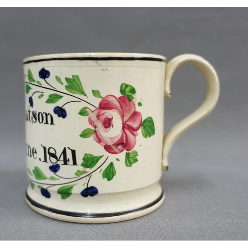 102 - 19th century painted mug - 'Sarah Watson, born 7th June. 1841', 9cm high