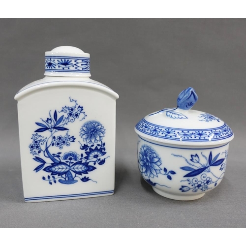 115 - Three Hutschenreuther blue and white plates, matching porcelain tea caddy and jar, (6)