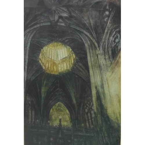 159 - Cathedral Interior,  Coloured etching,  framed under glass, 32 x 49cm