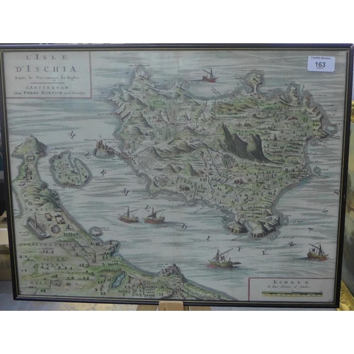 163 - After Pierre Mortier, Amsterdam, L'Isle d'Ischia, a coloured map, framed under glass, 49 x 38cm