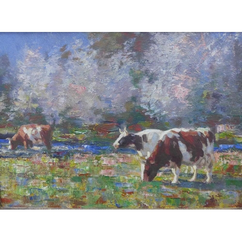 168 - Andrew Douglas, RSA, (1870 - 1935)   Cows in a field,  oil on board, apparently unsigned, but inscri... 