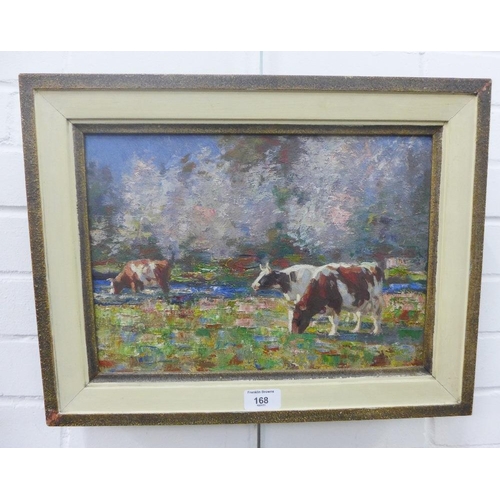 168 - Andrew Douglas, RSA, (1870 - 1935)   Cows in a field,  oil on board, apparently unsigned, but inscri... 