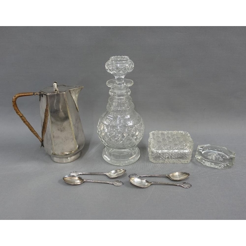 348 - Mixed lot to include an Epns hot milk pot, cut glass decanter and stopper and Epns teaspoons, intagl... 