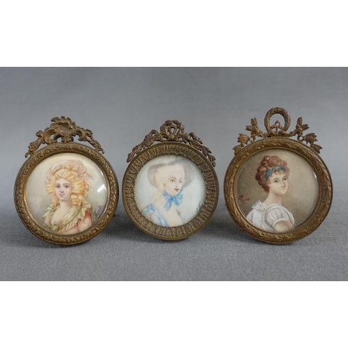 353 - Three portrait miniatures on ivory to include Gaby, Loty and Fausta, contained in circular brass sta... 