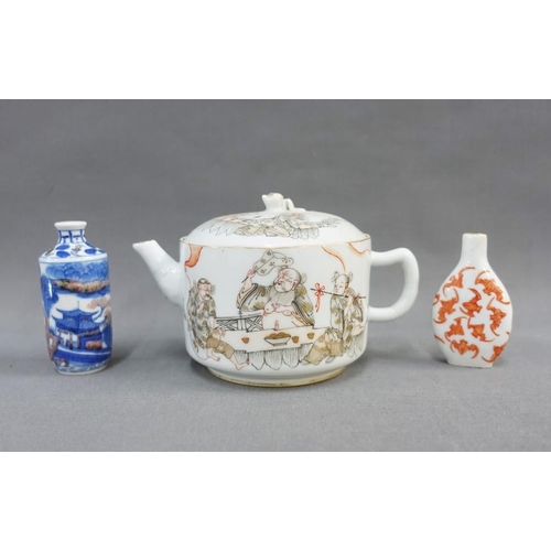 355 - Japanese white glazed porcelain teapot, painted with figures, 9cm high, together with two Chinese sn... 