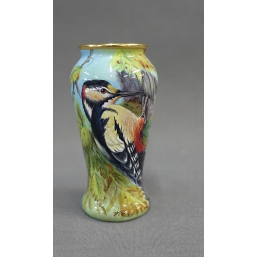 358 - Moorcroft enamel baluster vase with bird pattern, signed Creed, No.35/75,  with factory backstamps, ... 