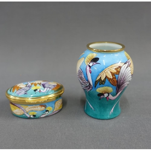 359 - Moorcroft enamel baluster  vase and pill box, in grebe pattern, with factory backstamps and initials... 