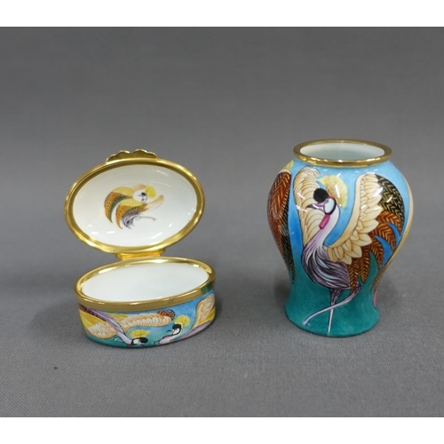 359 - Moorcroft enamel baluster  vase and pill box, in grebe pattern, with factory backstamps and initials... 