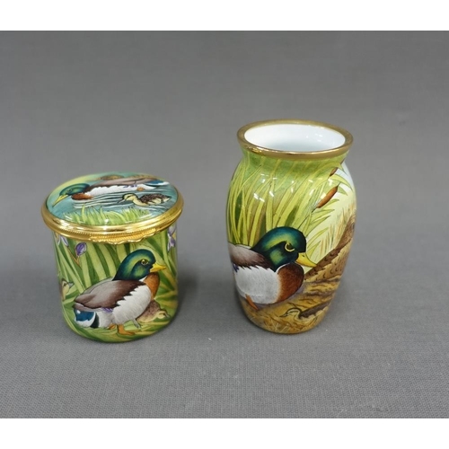 361 - Moorcroft enamel baluster  vase and box, in duck pattern, with factory backstamps and initials SJS, ... 