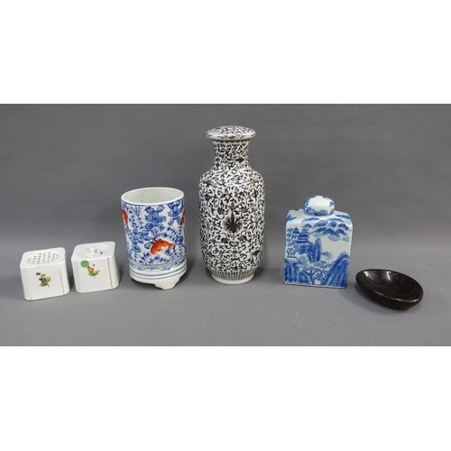 370 - Mixed lot to include 19th century porcelain inkwell and pounce pot, famille noir table lamp base, mo... 