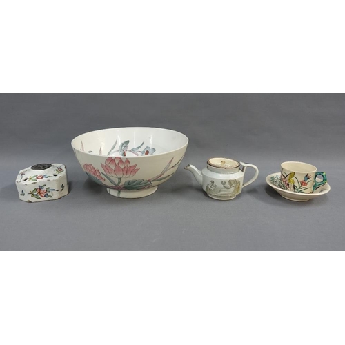 374 - Mixed lot to include a faience inkwell, Japanese earthenware cup and saucer, 18th century pearlware ... 