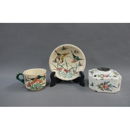 374 - Mixed lot to include a faience inkwell, Japanese earthenware cup and saucer, 18th century pearlware ... 