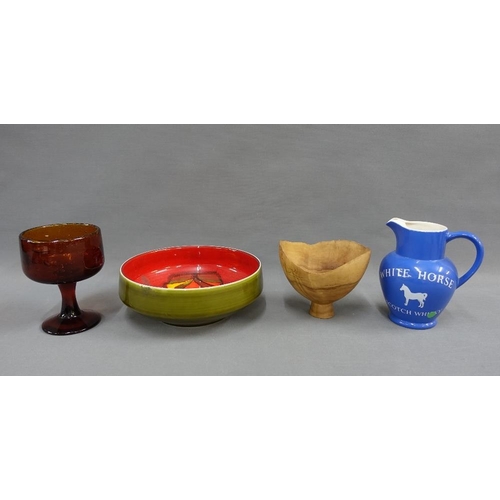 377 - Poole pottery bowl in Delphis pattern, an amber glass goblet, Wade jug and a Michael O'Donnell tulip... 