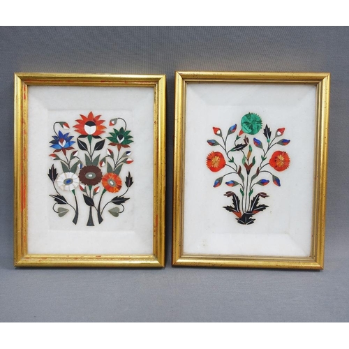 379 - Pair of pietra dura rectangular hardstone plaques in giltwood frames with Aitken & Dott labels verso... 