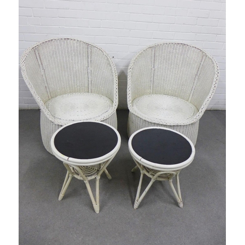 437 - A pair of vintage white painted basket weave chairs, 82 x 80cm, each with a matching side table with... 