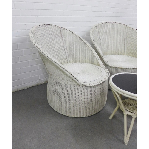 437 - A pair of vintage white painted basket weave chairs, 82 x 80cm, each with a matching side table with... 