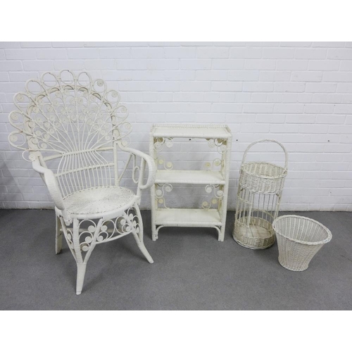 438 - A vintage white painted Peacock rattan chair,  103 x 60cm, together with an open shelving unit and t... 