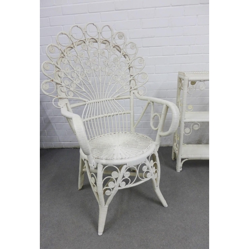 438 - A vintage white painted Peacock rattan chair,  103 x 60cm, together with an open shelving unit and t... 