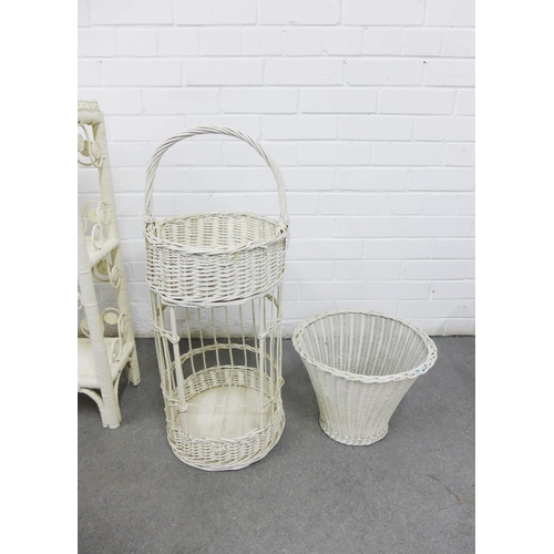 438 - A vintage white painted Peacock rattan chair,  103 x 60cm, together with an open shelving unit and t... 