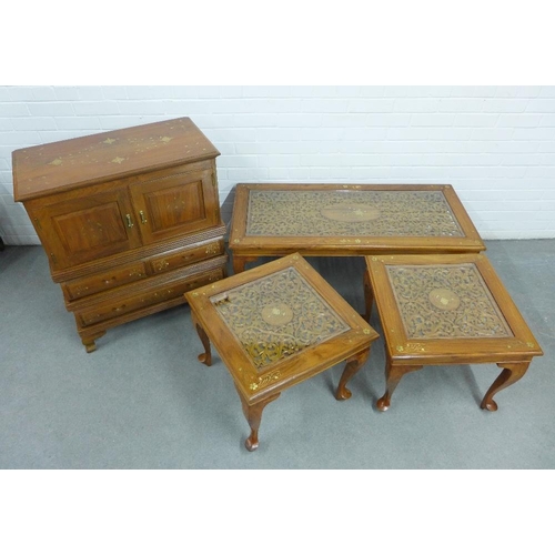 440 - Eastern hardwood and mixed metal inlaid cabinet, 88 x 77 x 41cm, together with a coffee table and ma... 