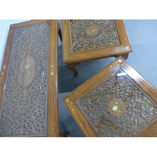 440 - Eastern hardwood and mixed metal inlaid cabinet, 88 x 77 x 41cm, together with a coffee table and ma... 