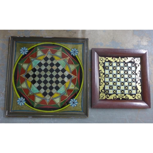 444 - Verre Eglomise chess board with a geometric and circular ground with star motifs to each corner, tog... 