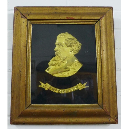 449 - Gilt metal wall plaque of Charles Dickens, contained within a glazed frame, size overall 40 x 35cm