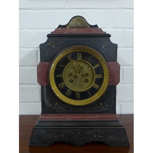 450 - Victorian black slate and red hardstone mantle clock with ebonised chapter ring with gilded Roman nu... 