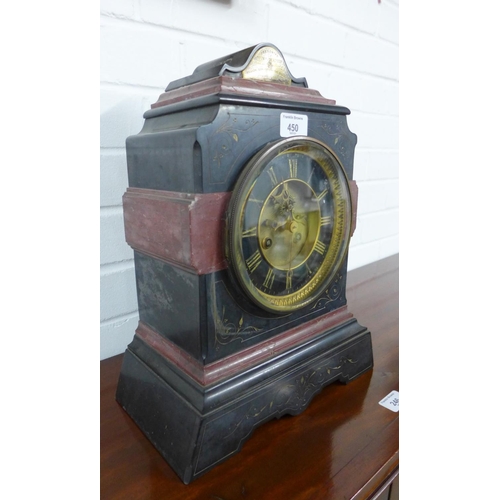 450 - Victorian black slate and red hardstone mantle clock with ebonised chapter ring with gilded Roman nu... 