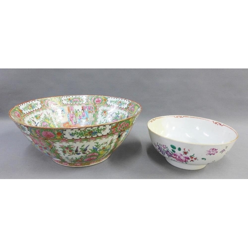 451 - Canton famille rose punch bowl, 40cm diameter, together with another smaller Canton bowl with restor... 