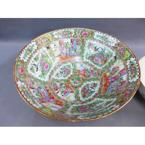 451 - Canton famille rose punch bowl, 40cm diameter, together with another smaller Canton bowl with restor... 