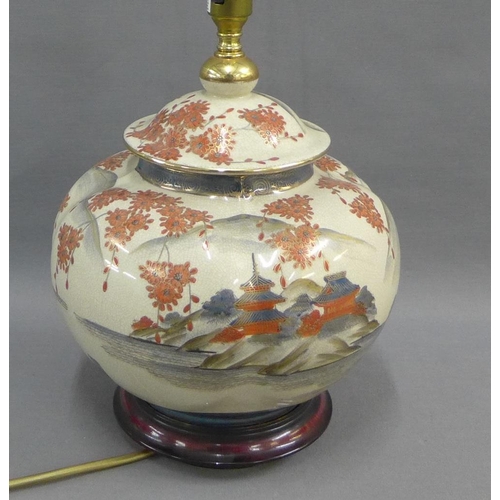 452 - Satsuma table lamp base of lobed form and painted with pagodas and a blossom landscape, with signatu... 