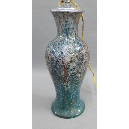 453 - An art glass table lamp base, the blue ground with silvered inclusions, 39cm high