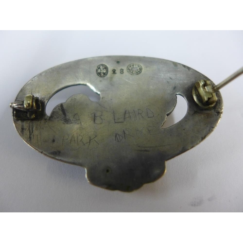 22 - Georg Jensen silver brooch, formed as three flowers with red cabouchon, stamped and number 28, with ... 