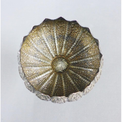 60 - Eastern white metal lotus bowl on a leaf shaped base, 19cm high