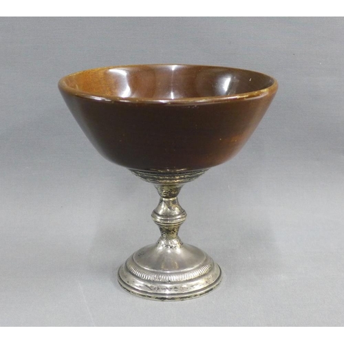 62 - Silver and wood pedestal bowl, stamped silver 14cm high