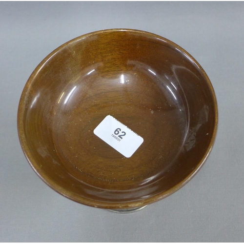 62 - Silver and wood pedestal bowl, stamped silver 14cm high