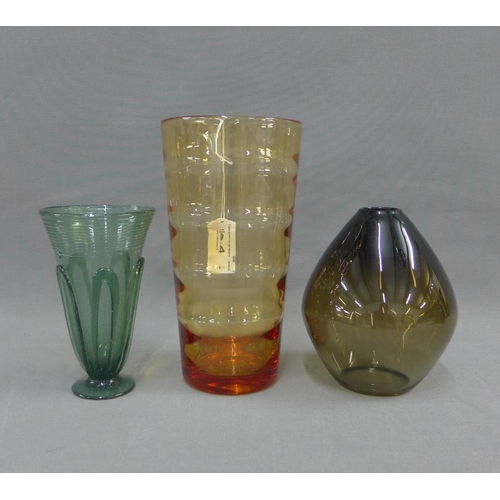 104 - Collection of coloured glass to include a Whitefriars amber glass vase, Hadeland Norwegian vase desi... 